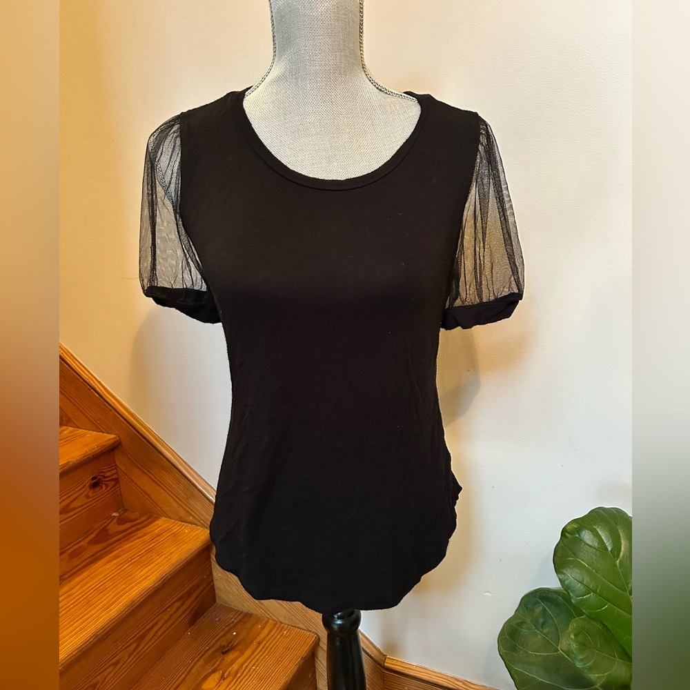 Elie Tahari Black Short Sleeve Top with Mesh Detail